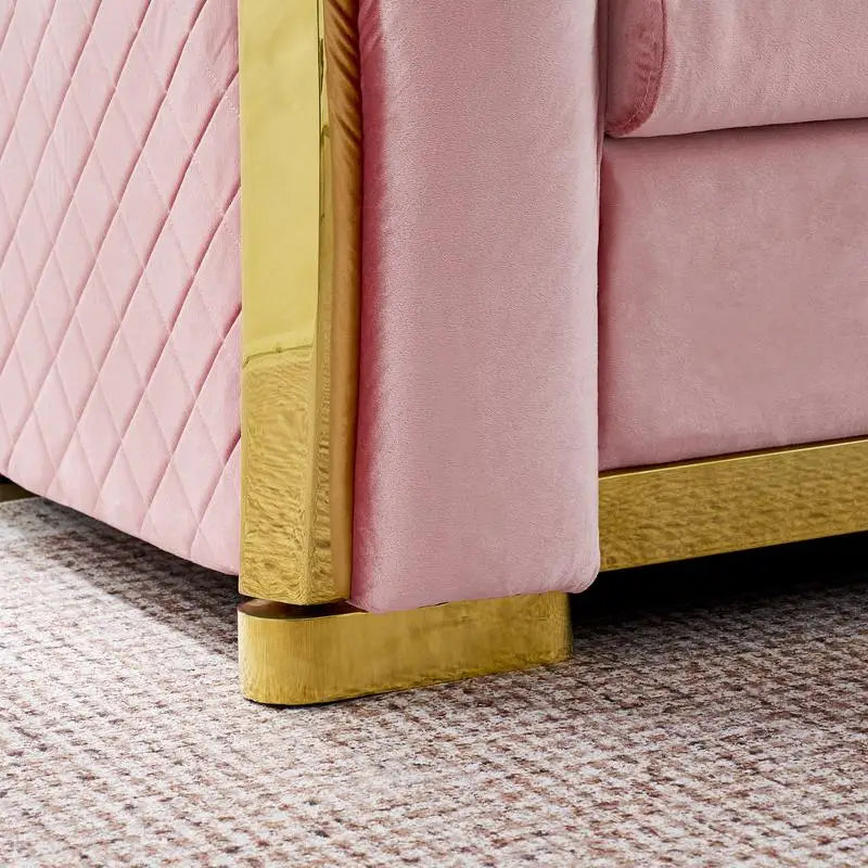 106" L-Shaped Sectional Sofa Set with Gold Accents, Velvet Button Tufted Couch with 5 Pillows, Luxury Living Room Furniture,