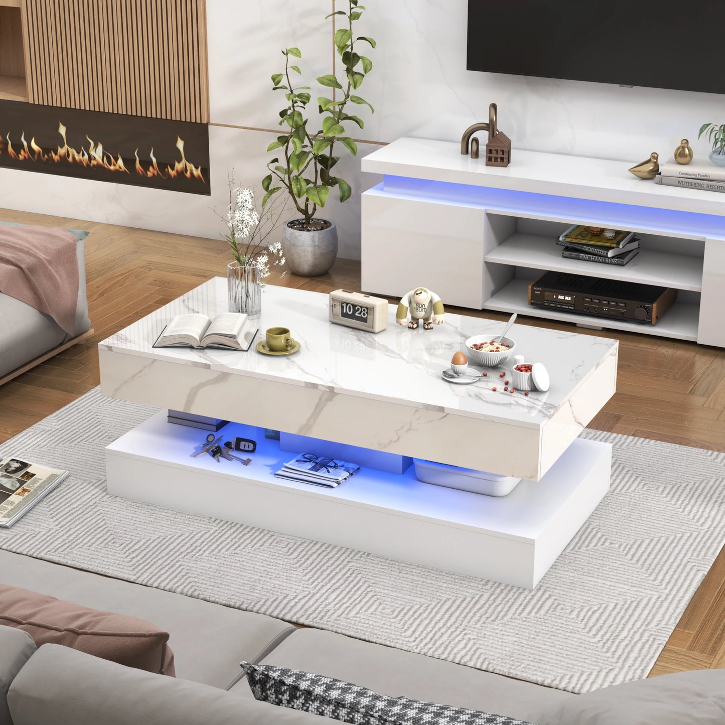 QiaoShiRen Modern LED Coffee Table With Storage Drawers