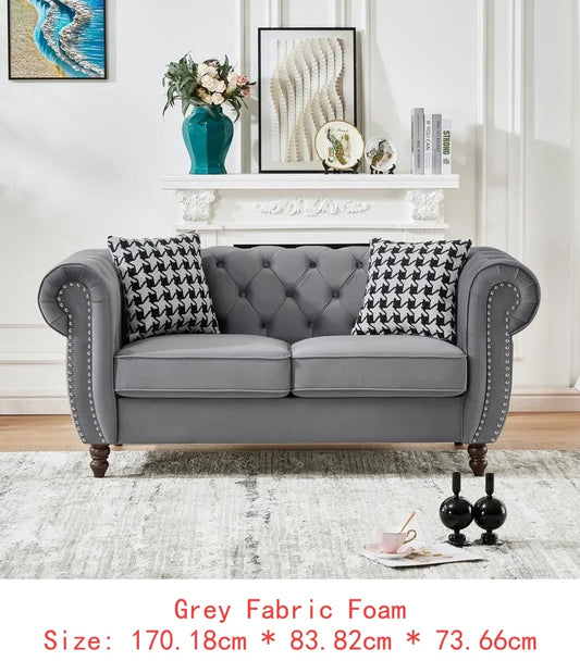 Mid Century Modern Velvet Upholstered Sofa, 2-Seater Couch with Roll Armrests & Nailhead Accent, Grey Fabric for Living Room,