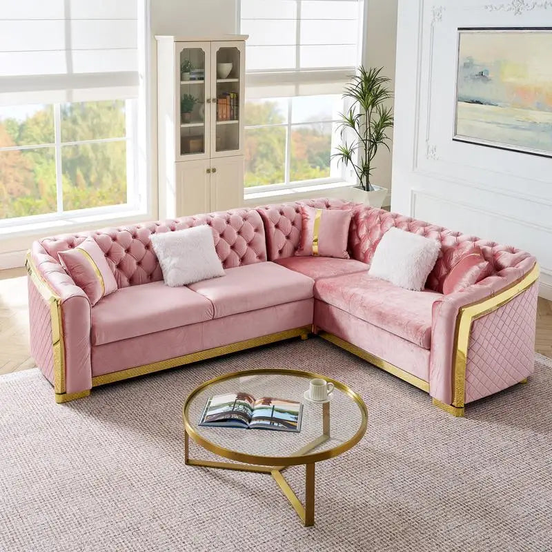 106" L-Shaped Sectional Sofa Set with Gold Accents, Velvet Button Tufted Couch with 5 Pillows, Luxury Living Room Furniture,