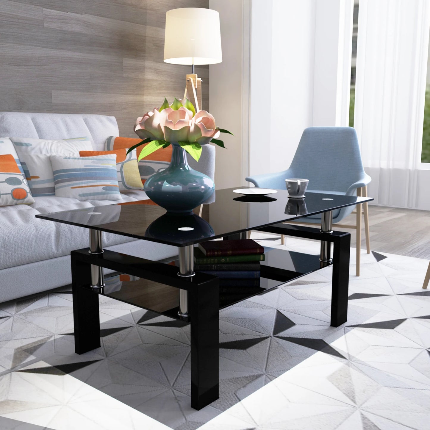 Rectangle Black Glass Coffee Table, Clear Coffee Table，Modern Side Center Tables for Living Room， Living Room Furniture
