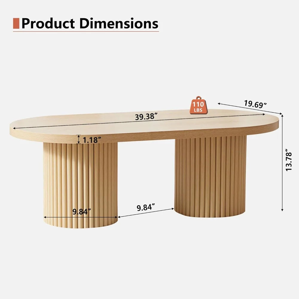 Fluted Oval Coffee Table for Living Room, Boho Modern Coffee Table with Fluted Legs, Curved Round Wood Center Table for Home, S