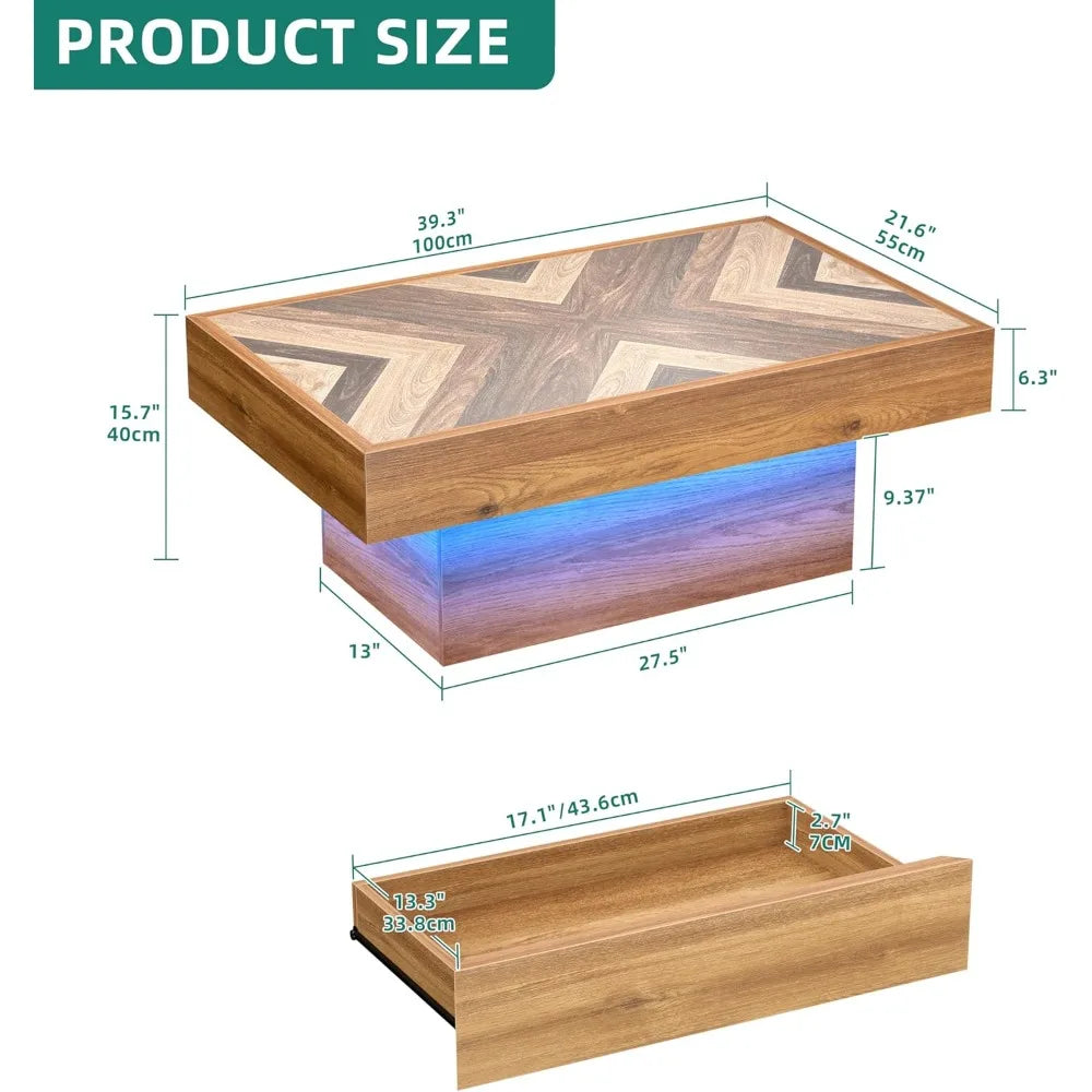 LED Living Room Coffee Table with Storage 2 Drawers, Rectangular Modern Coffee Tables for Living Room Controlled by Remote and