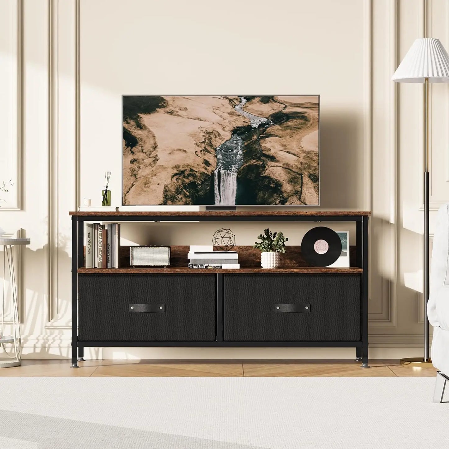 TV Console Stand Dresser with Storage Living Room 2-Drawer Entertainment Center with Open Shelf Fabric Drawer TV Cabinet