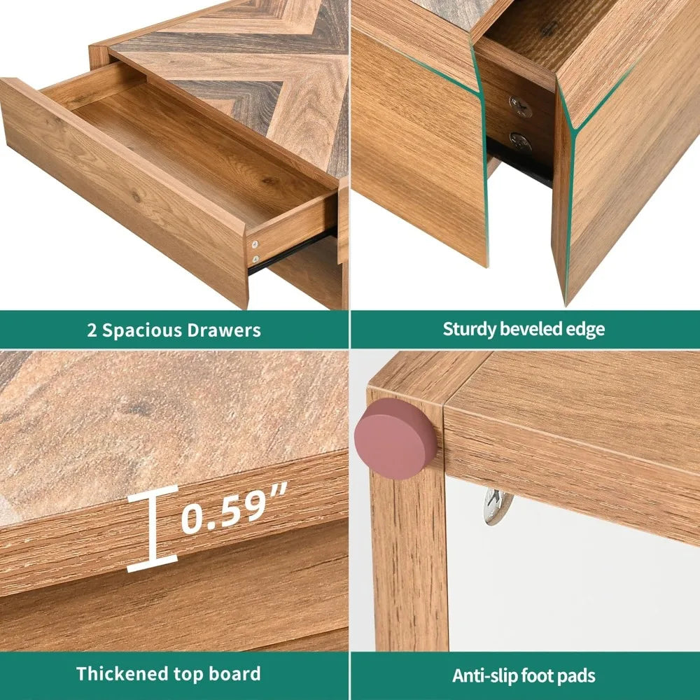 LED Living Room Coffee Table with Storage 2 Drawers, Rectangular Modern Coffee Tables for Living Room Controlled by Remote and