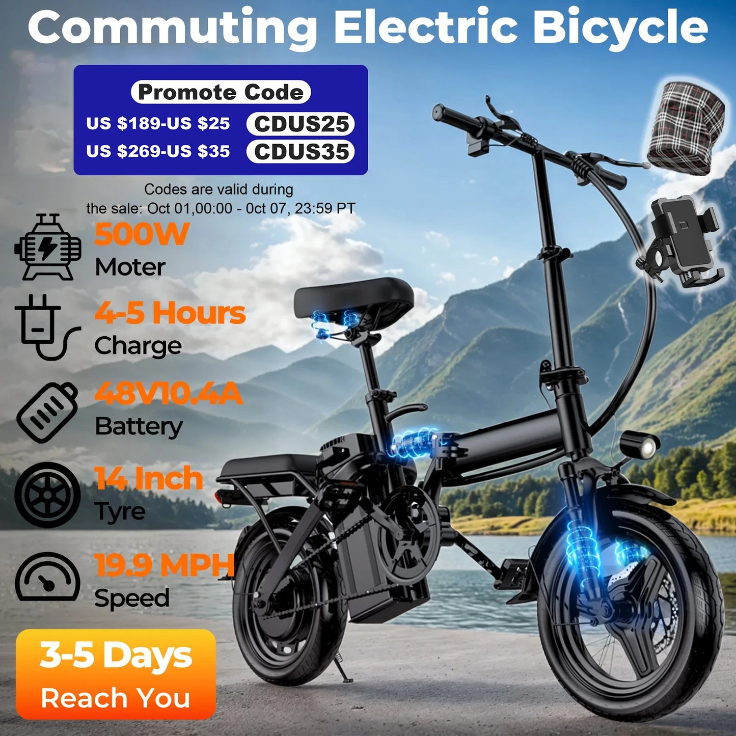 LELEKUA 500W Electric Foldable Bike With Battery Pack