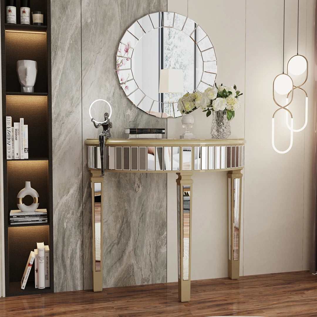 Modern HalfMoon Mirrored Console Table Silver Finish Living Room Home Office Foyer Hallway Decor Furniture Small Space