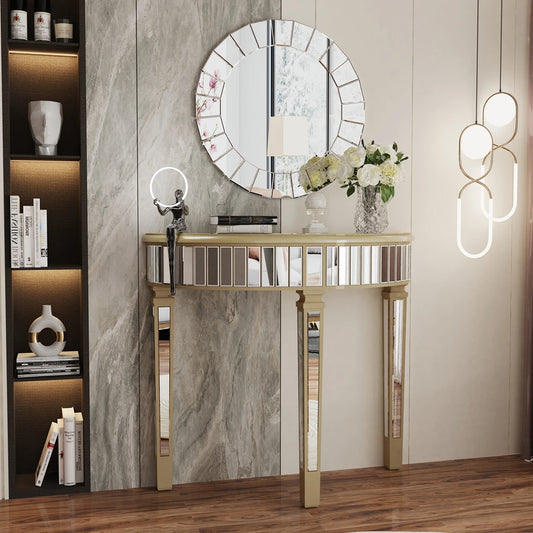 Modern HalfMoon Mirrored Console Table Silver Finish Living Room Home Office Foyer Hallway Decor Furniture Small Space