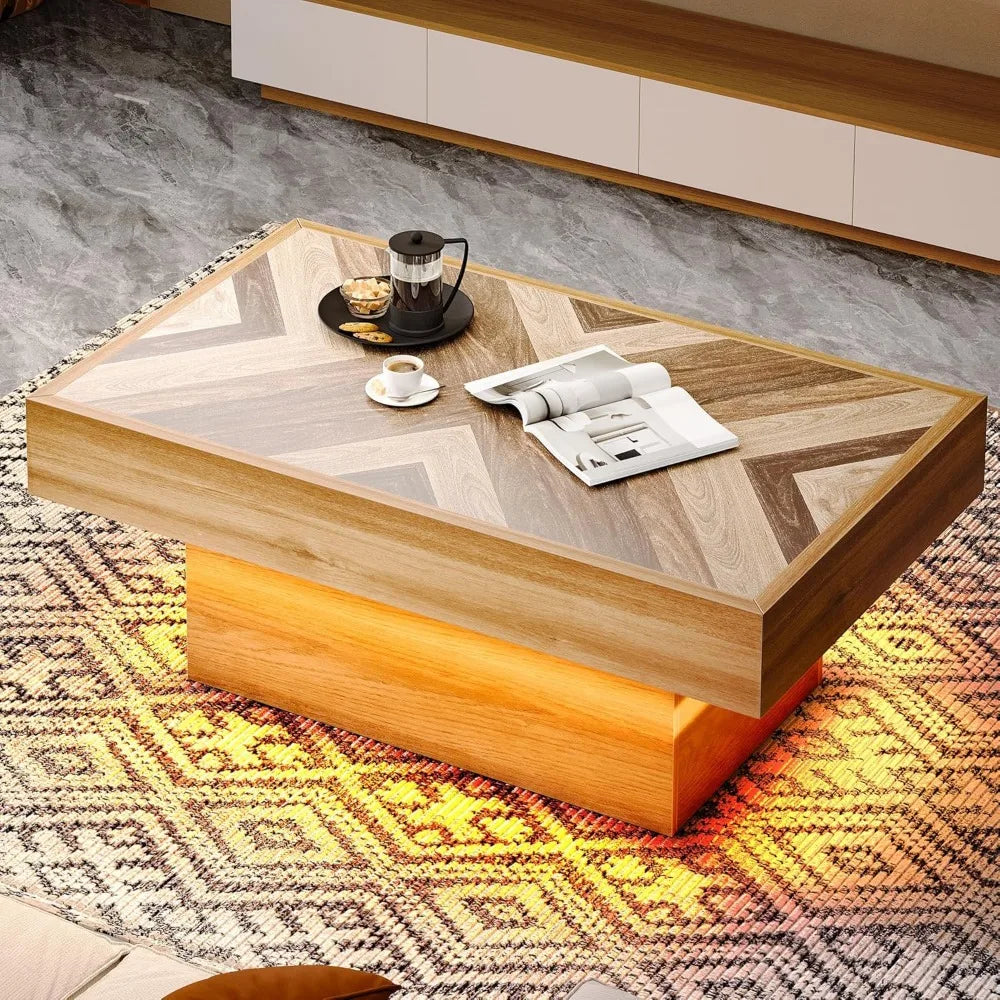 LED Living Room Coffee Table with Storage 2 Drawers, Rectangular Modern Coffee Tables for Living Room Controlled by Remote and