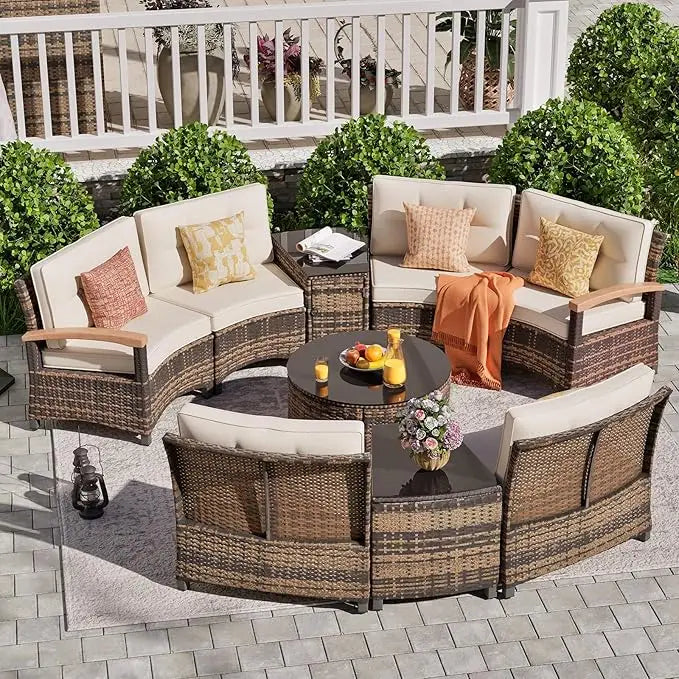 ANGDUO 9 Piece Outdoor Patio Rattan Conversation Sofa Set