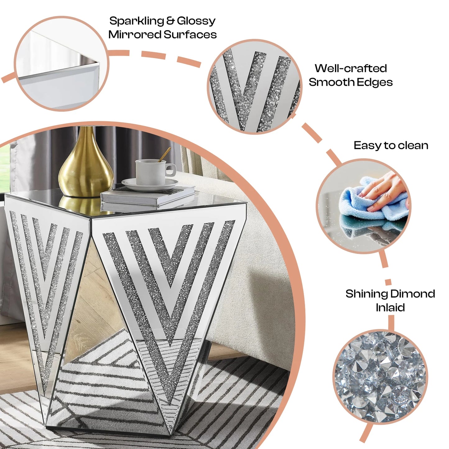 Silver Mirrored End Table, Crystal Inlay Side Table Accent Table, Small Mirrored Coffee Table for Living Room, Sofa, Bed