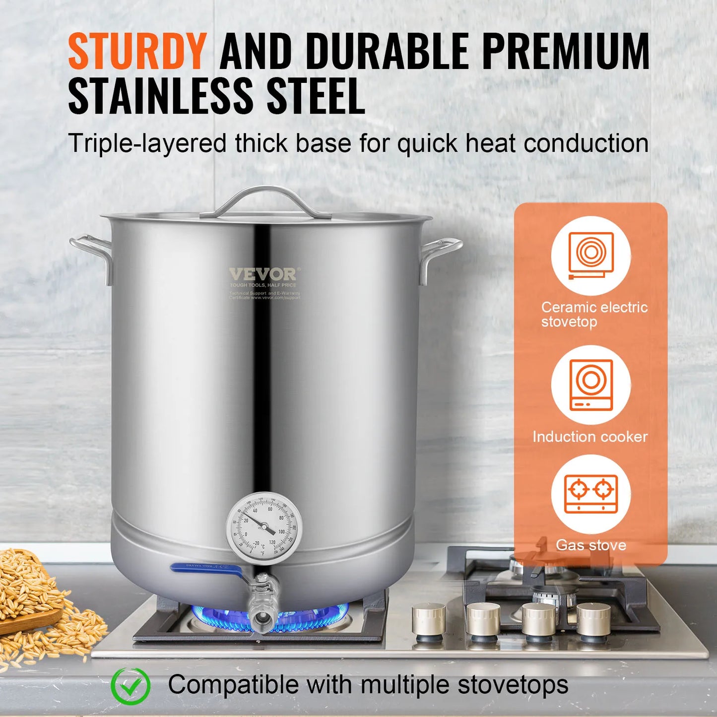 SucceBuy Stainless Steel Kettle Brewing Pot Tri Ply Bottom