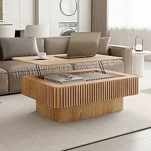 38.6" Square Lift Top Coffee Table, Modern Fluted Tea Table with Hidden Storage for Living Room, Apartment or Office, Walnut