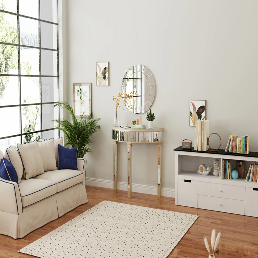 Modern HalfMoon Mirrored Console Table Silver Finish Living Room Home Office Foyer Hallway Decor Furniture Small Space
