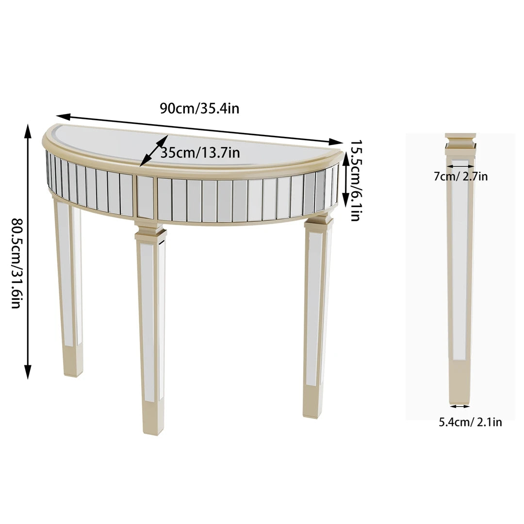 Modern HalfMoon Mirrored Console Table Silver Finish Living Room Home Office Foyer Hallway Decor Furniture Small Space