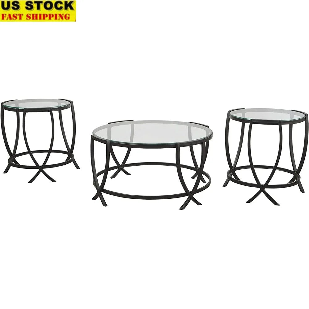 DUTRIEUX Contemporary Glass Top Round 3 Piece Coffee Table