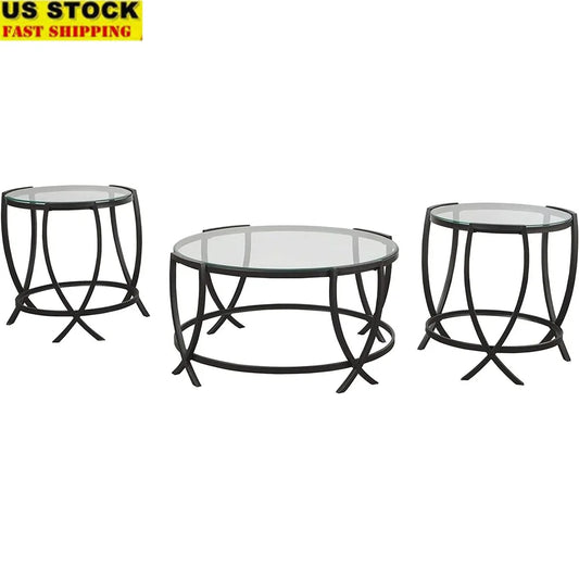 DUTRIEUX Contemporary Glass Top Round 3 Piece Coffee Table