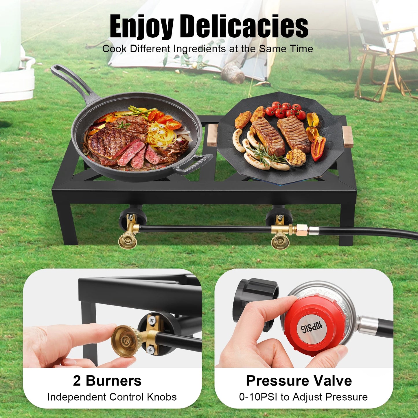 Portable Double Burner Outdoor Gas Stove Propane Regulator