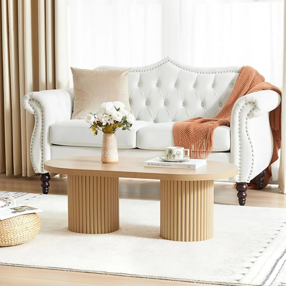 Fluted Oval Coffee Table for Living Room, Boho Modern Coffee Table with Fluted Legs, Curved Round Wood Center Table for Home, S