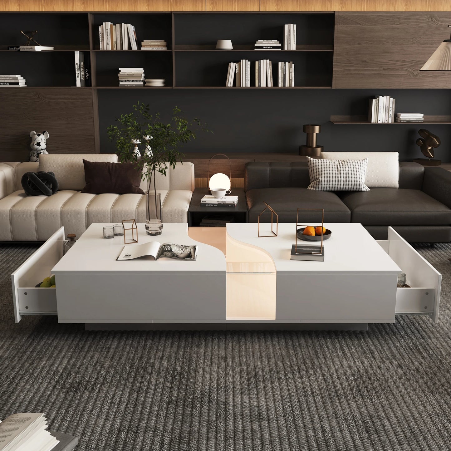 FUFU&GAGA 55.1'' Wide Modern Coffee Table With 2 Drawers & LED Lights, Coffee Table With Spacious Tabletop, For Living Room