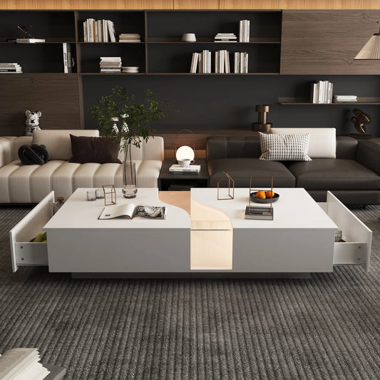 FUFU&GAGA 55.1'' Wide Modern Coffee Table With 2 Drawers & LED Lights, Coffee Table With Spacious Tabletop, For Living Room
