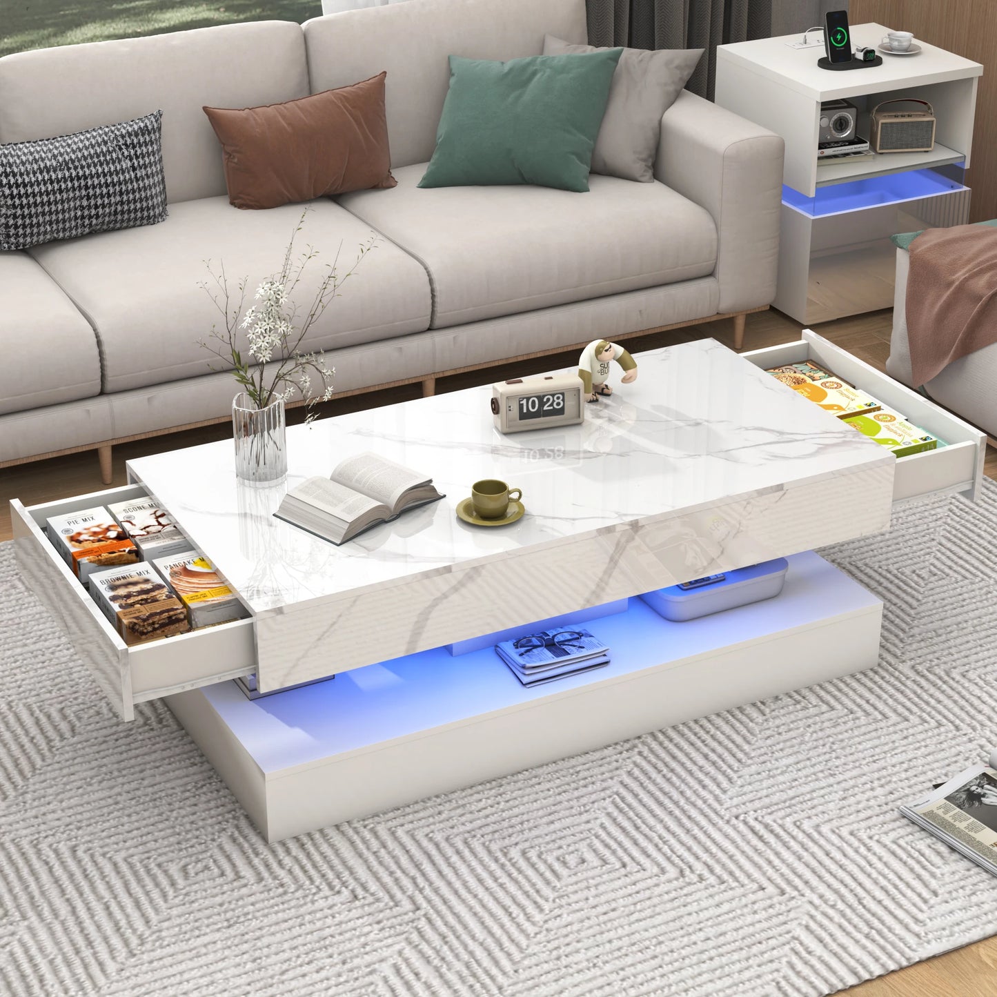 QiaoShiRen Modern LED Coffee Table With Storage Drawers