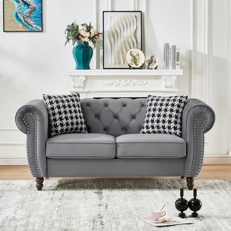 Mid Century Modern Velvet Upholstered Sofa, 2-Seater Couch with Roll Armrests & Nailhead Accent, Grey Fabric for Living Room,